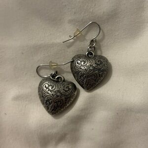 Vintage Intricate Engraved Silver Tone Puffy Heart Earrings